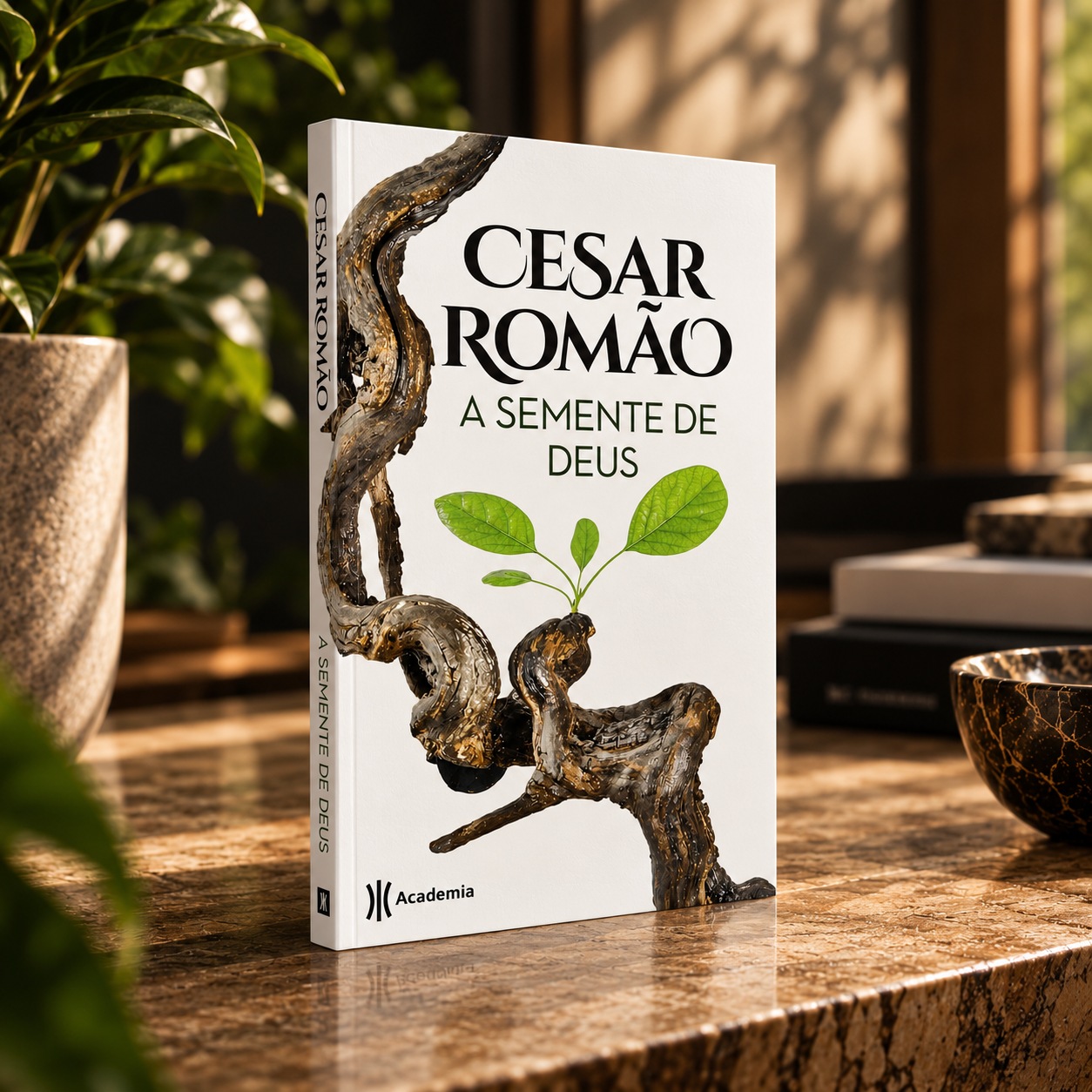 O livro A Semente de Deus, de Cesar Romão, sobre uma mesa de mármore